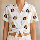 Woman wearing Women's Dune Dynasty Custom Face Hawaiian Shirt tied at the waist