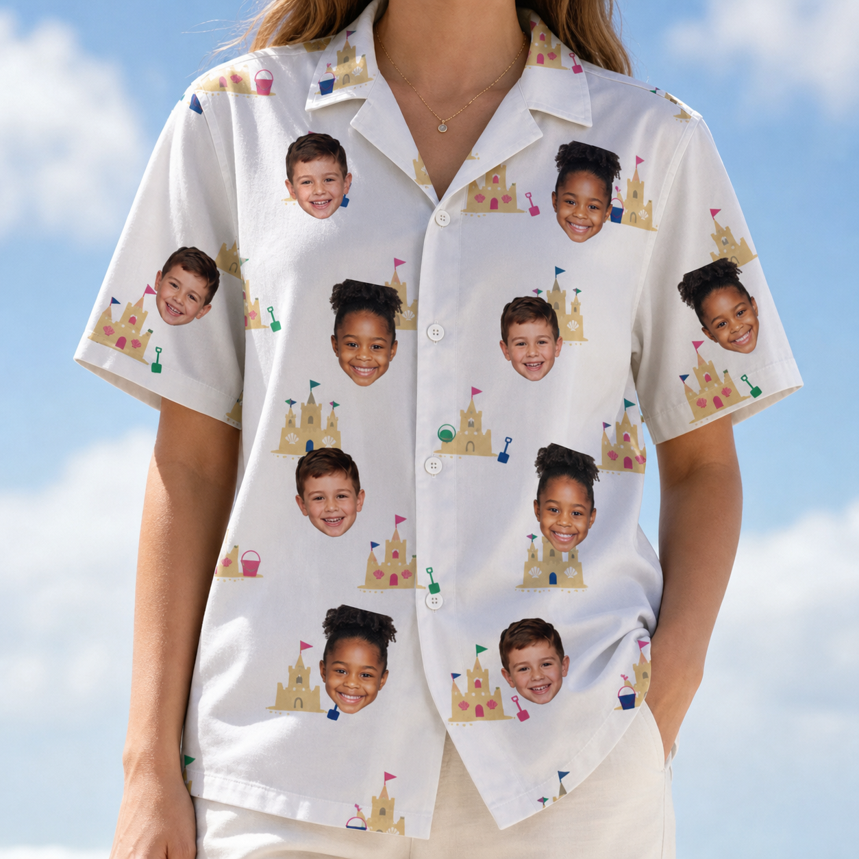 Model wearing Women's Dune Dynasty Custom Face Hawaiian Shirt printed with kids' faces