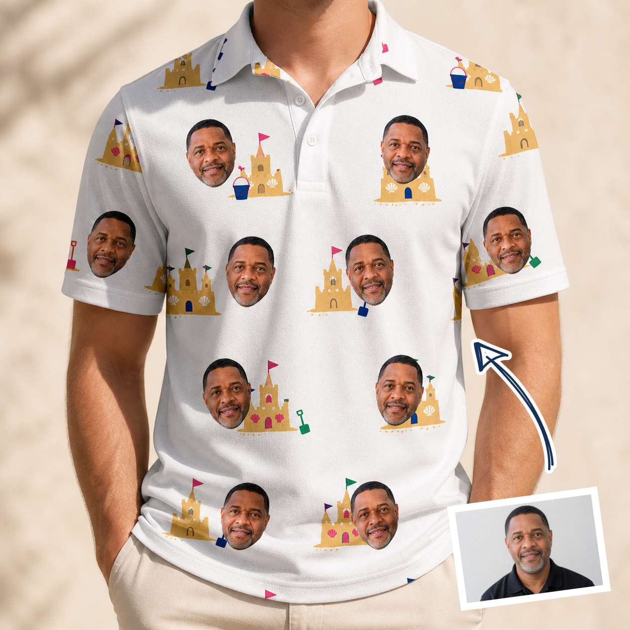 Man wearing Men's Dune Dynasty Custom Face Polo Shirt — custom faces printed all-over