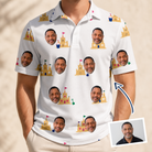 Man wearing Men's Dune Dynasty Custom Face Polo Shirt — custom faces printed all-over