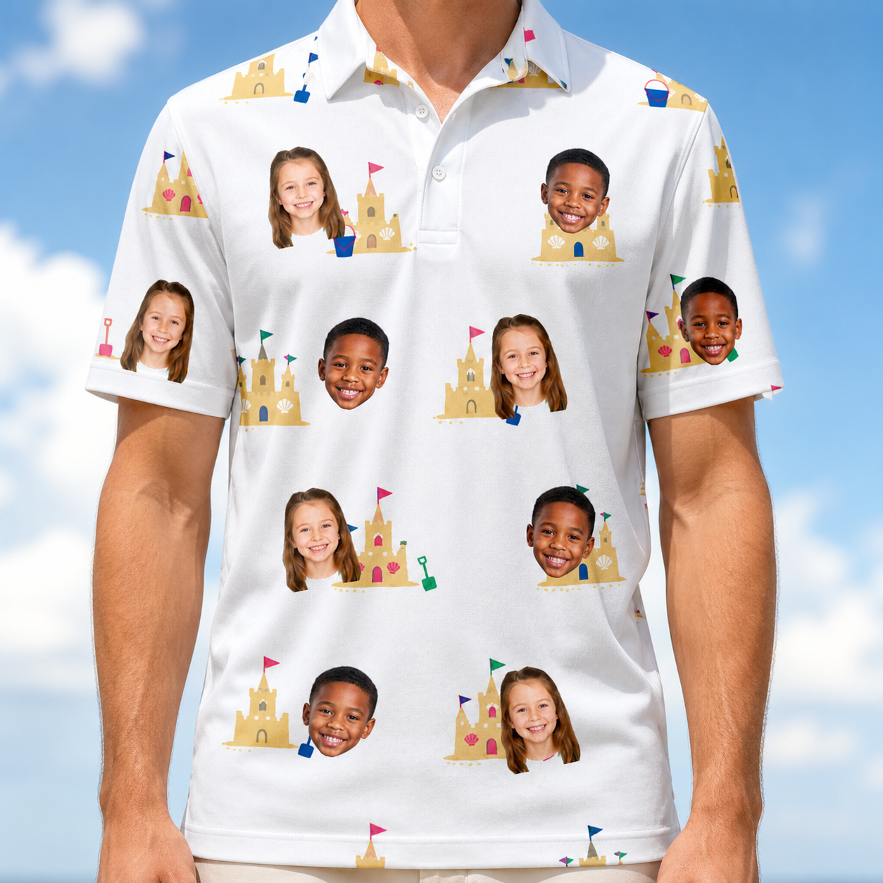 Model wearing Men's Dune Dynasty Custom Face Polo Shirt printed with kids' faces