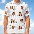 Model wearing Men's Dune Dynasty Custom Face Polo Shirt printed with kids' faces