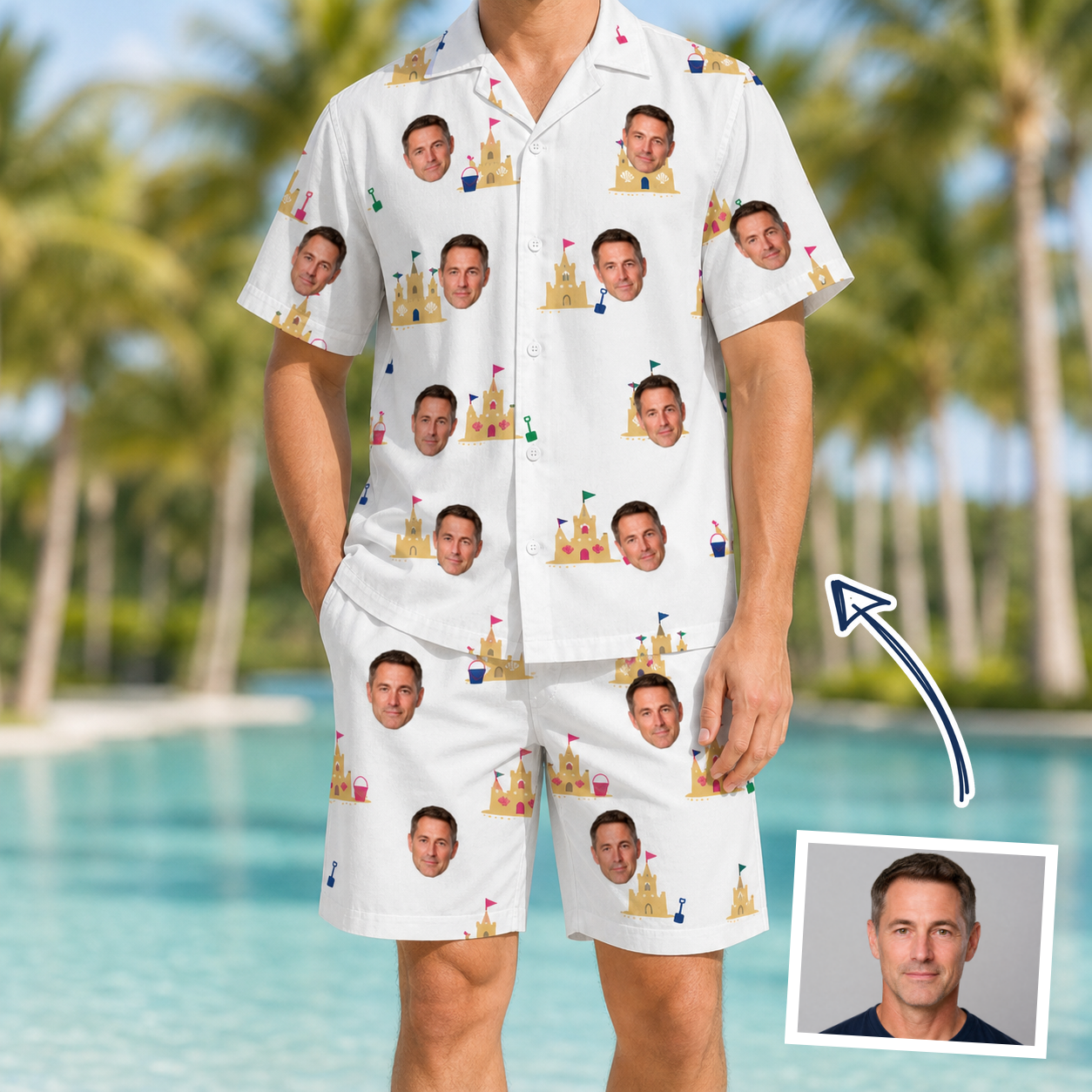 Man wearing Men's Dune Dynasty Custom Face Shirt & Shorts Set — custom faces printed all-over