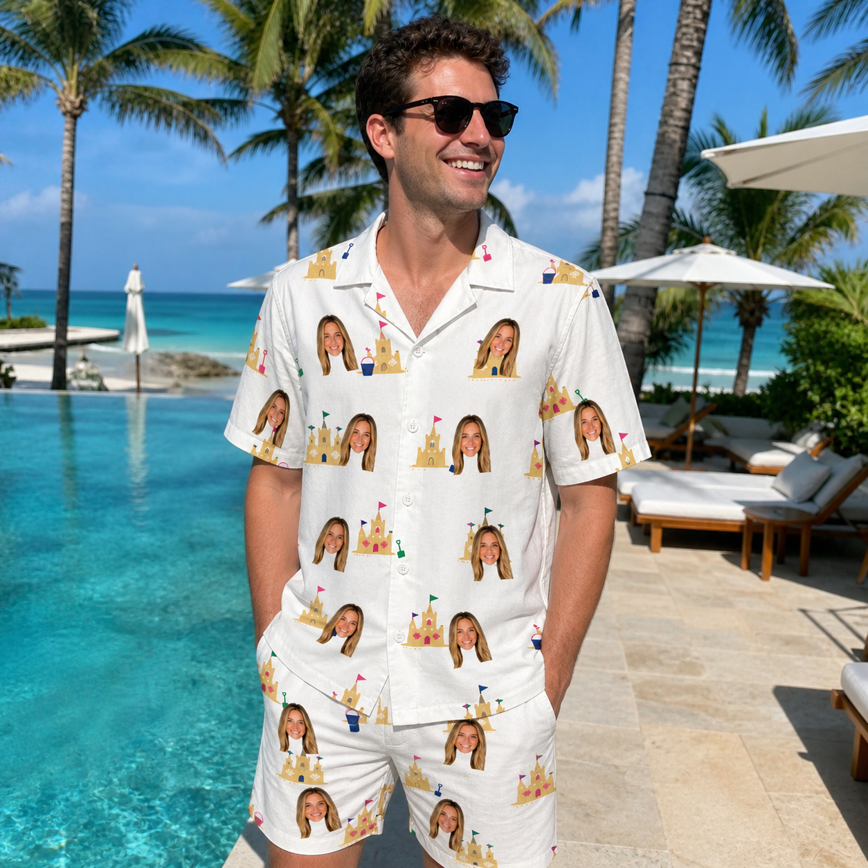 Real-life photo of someone wearing Men's Dune Dynasty Custom Face Shirt & Shorts Set — custom faces printed all-over