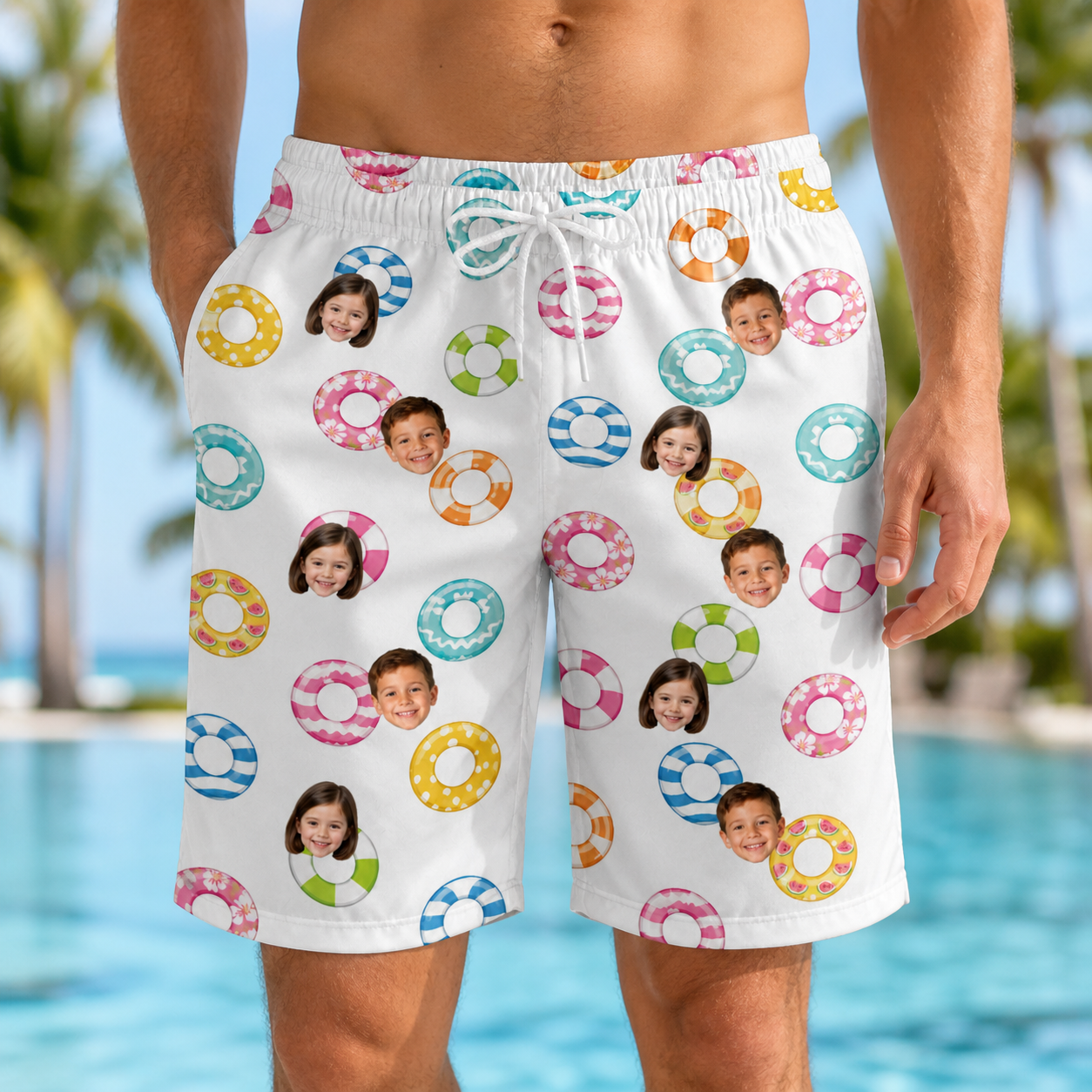 Model wearing Men's Rainbow Ripples Custom Face Beach Shorts printed with kids' faces