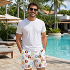 Real-life photo of someone wearing Men's Rainbow Ripples Custom Face Beach Shorts — custom faces printed all-over