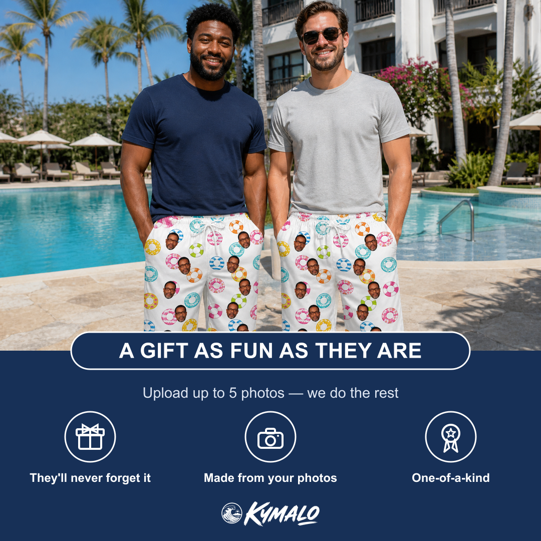 Friends in matching Men's Rainbow Ripples Custom Face Beach Shorts — a group gift photo