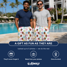 Friends in matching Men's Rainbow Ripples Custom Face Beach Shorts — a group gift photo