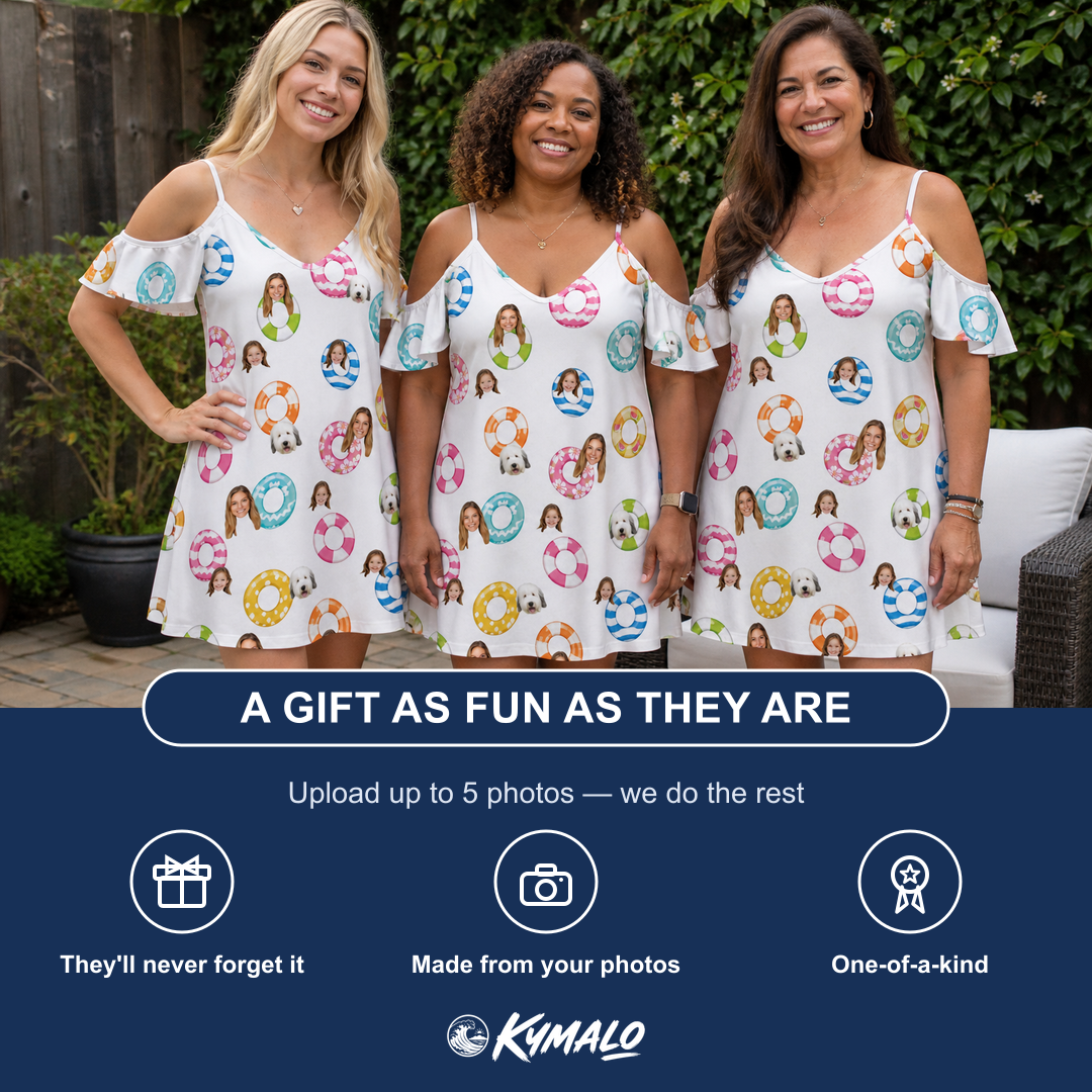 Friends in matching Women's Rainbow Ripples Custom Face Off-Shoulder Dress — a group gift photo