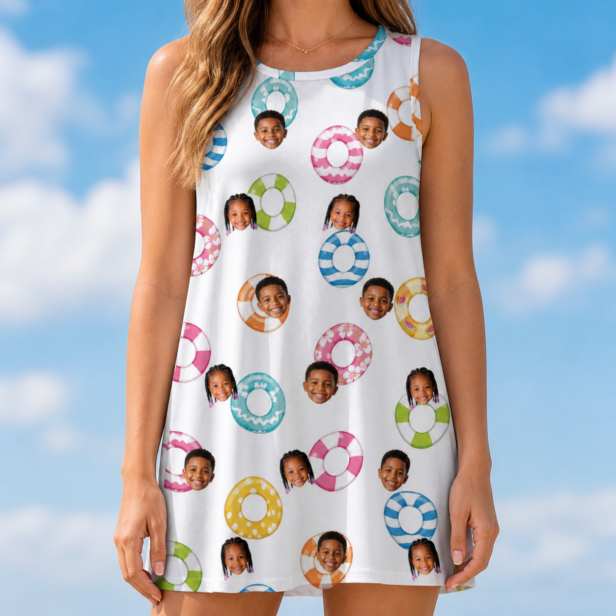 Model wearing Women's Rainbow Ripples Custom Face Tank Dress printed with kids' faces