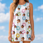 Model wearing Women's Rainbow Ripples Custom Face Tank Dress printed with kids' faces