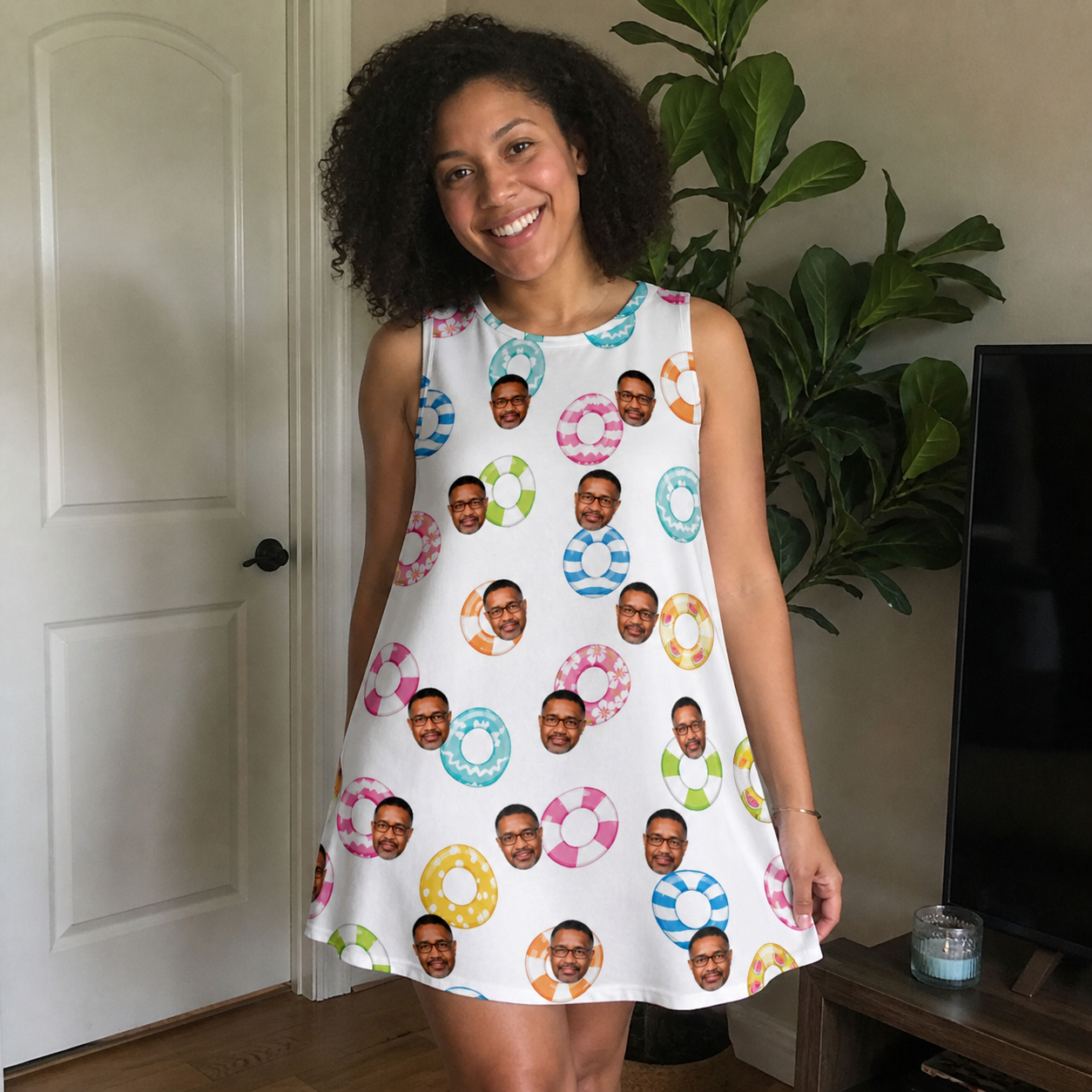 Real-life photo of someone wearing Women's Rainbow Ripples Custom Face Tank Dress — custom faces printed all-over