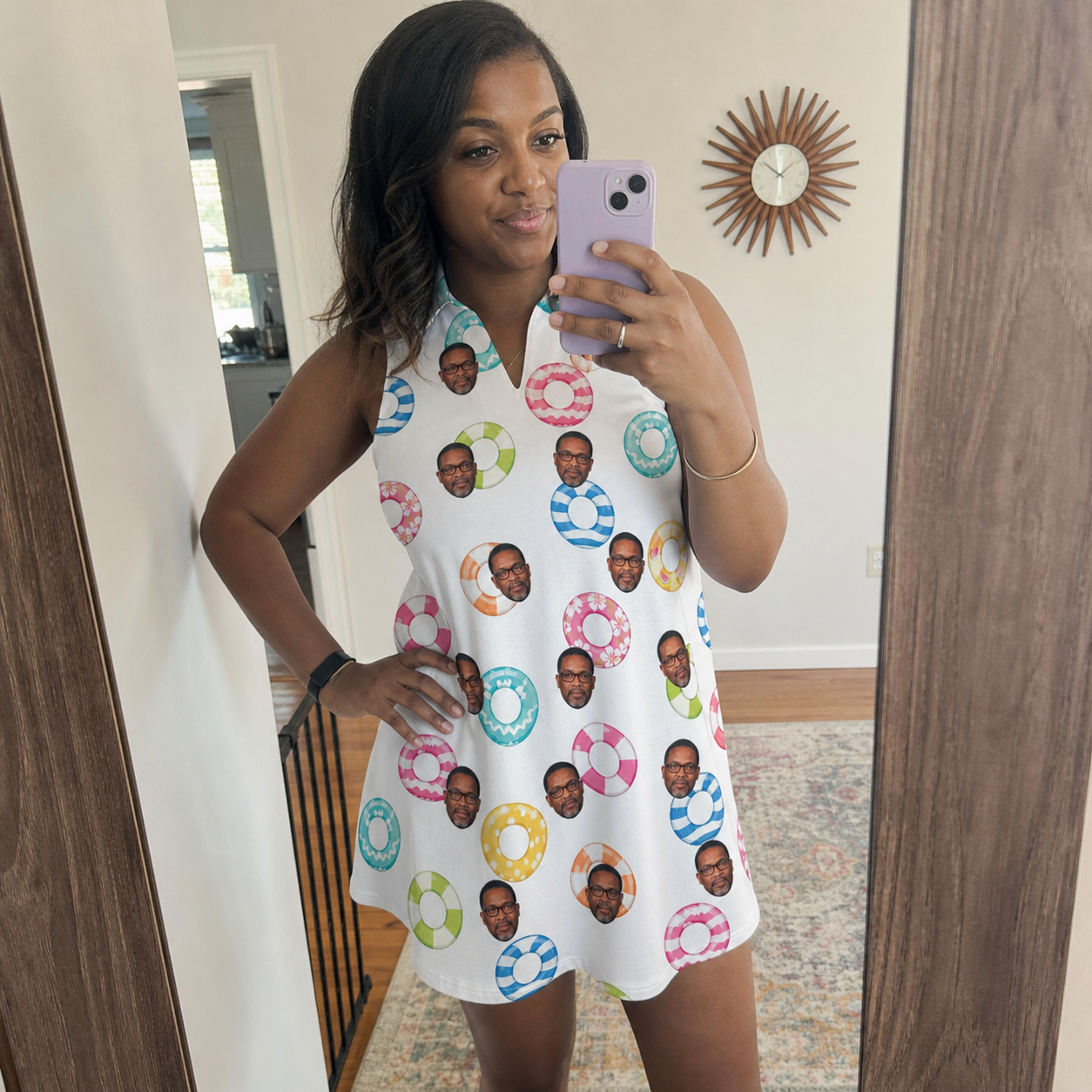 Real-life photo of someone wearing Women's Rainbow Ripples Custom Face V-Neck Dress — custom faces printed all-over