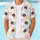 Man wearing Men's Rainbow Ripples Custom Face Hawaiian Shirt open over a white tee
