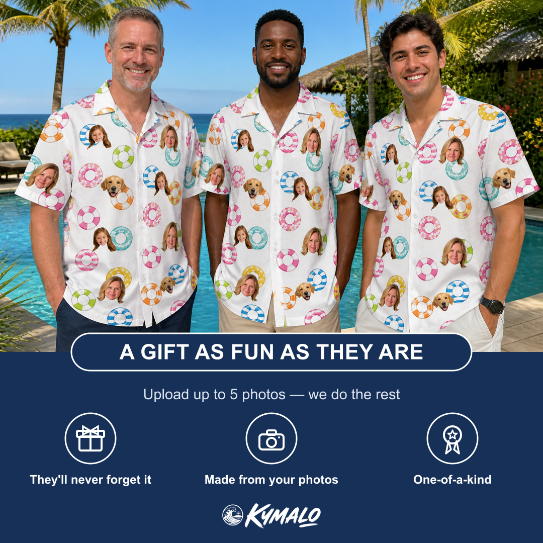 Friends in matching Men's Rainbow Ripples Custom Face Hawaiian Shirt — a group gift photo