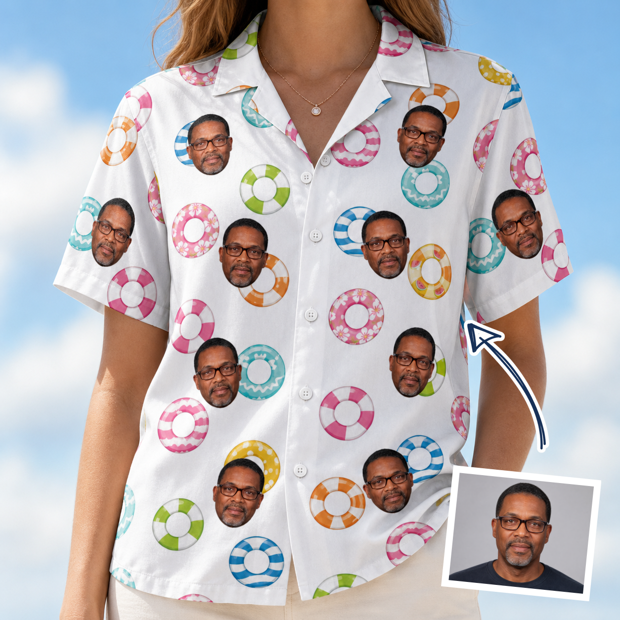 Woman wearing Women's Rainbow Ripples Custom Face Hawaiian Shirt — custom faces printed all-over