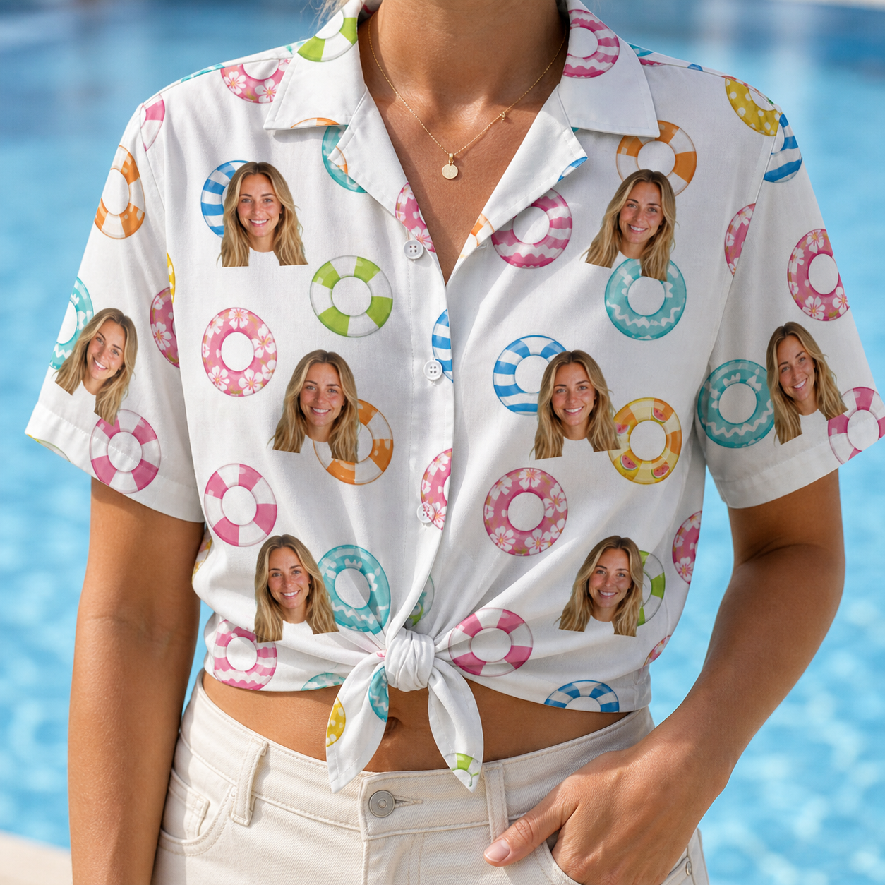Woman wearing Women's Rainbow Ripples Custom Face Hawaiian Shirt tied at the waist