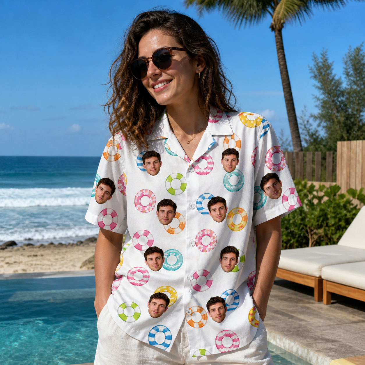 Real-life photo of someone wearing Women's Rainbow Ripples Custom Face Hawaiian Shirt — custom faces printed all-over
