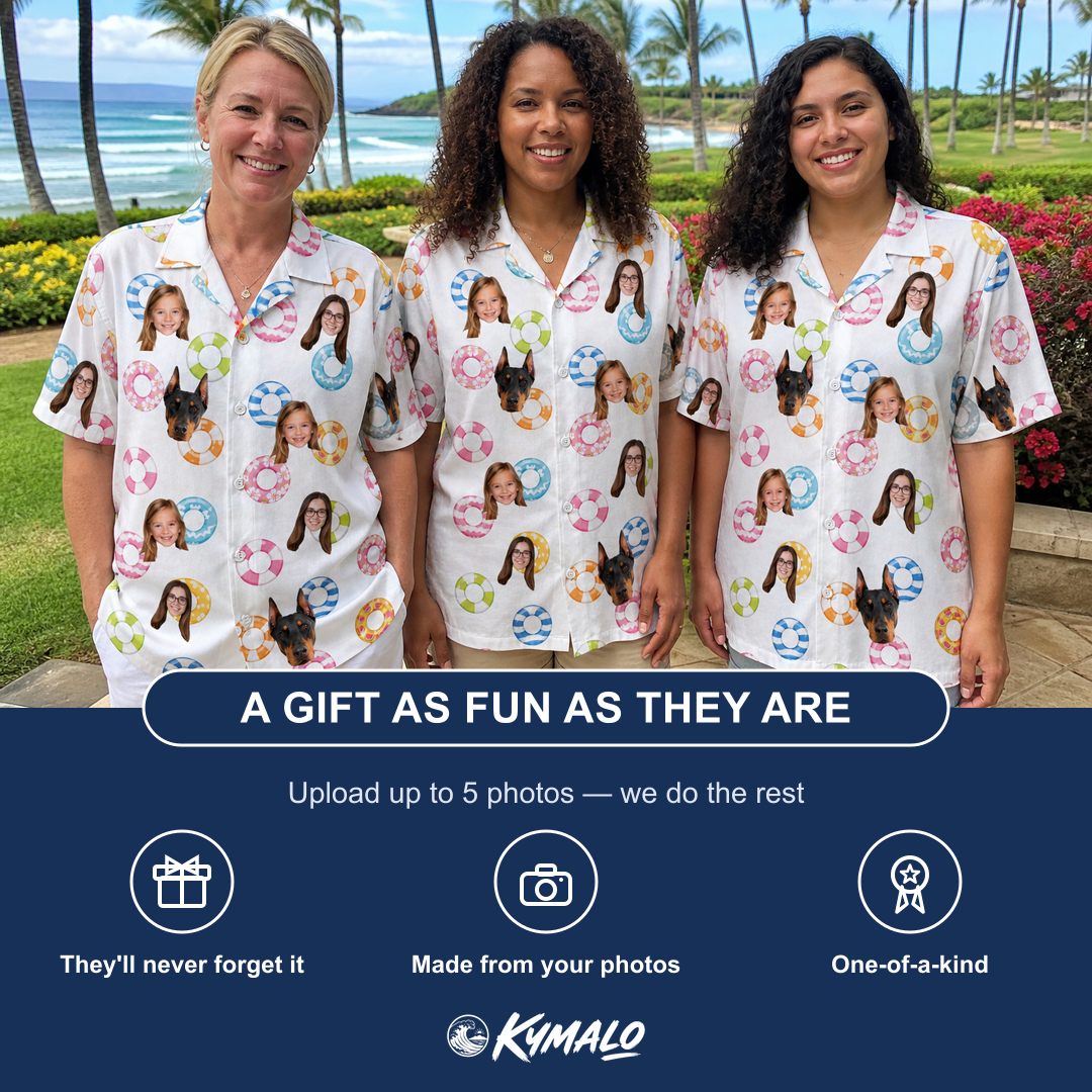 Friends in matching Women's Rainbow Ripples Custom Face Hawaiian Shirt — a group gift photo