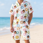 Model wearing Men's Rainbow Ripples Custom Face Shirt & Shorts Set printed with kids' faces