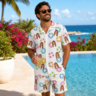 Real-life photo of someone wearing Men's Rainbow Ripples Custom Face Shirt & Shorts Set — custom faces printed all-over