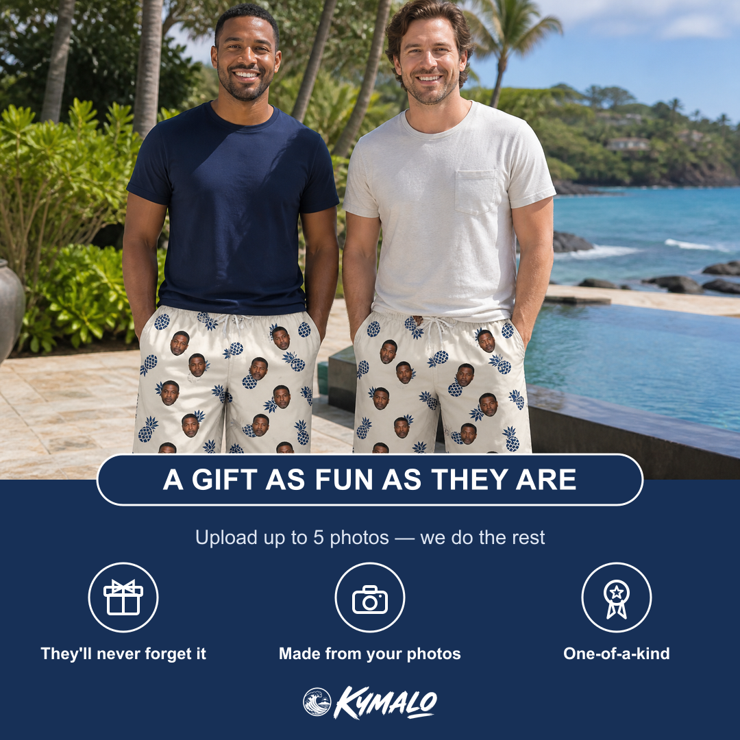 Friends in matching Men's Golden Getaway Custom Face Beach Shorts — a group gift photo