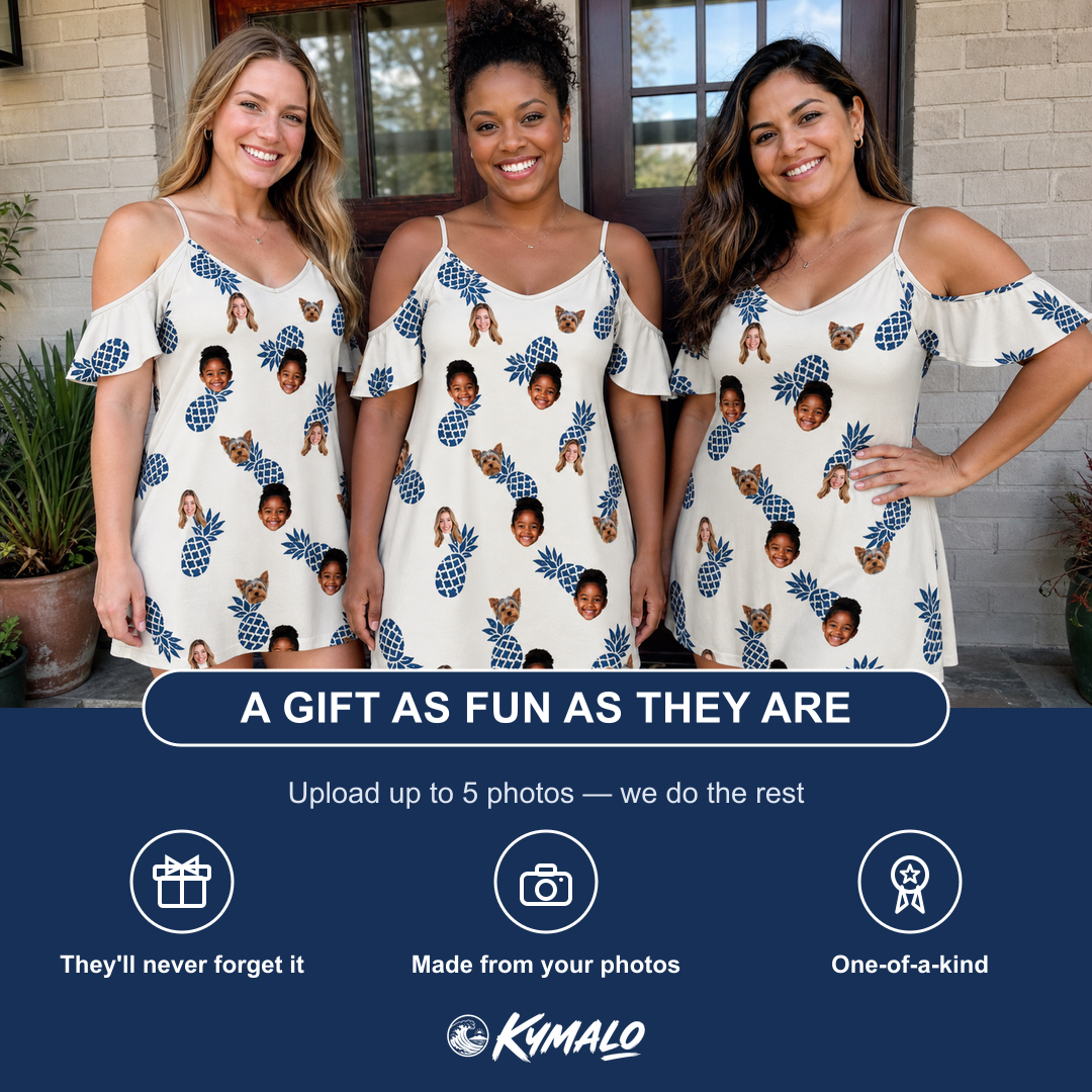 Friends in matching Women's Golden Getaway Custom Face Off-Shoulder Dress — a group gift photo