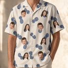 Model wearing Men's Golden Getaway Custom Face Hawaiian Shirt printed with kids' faces