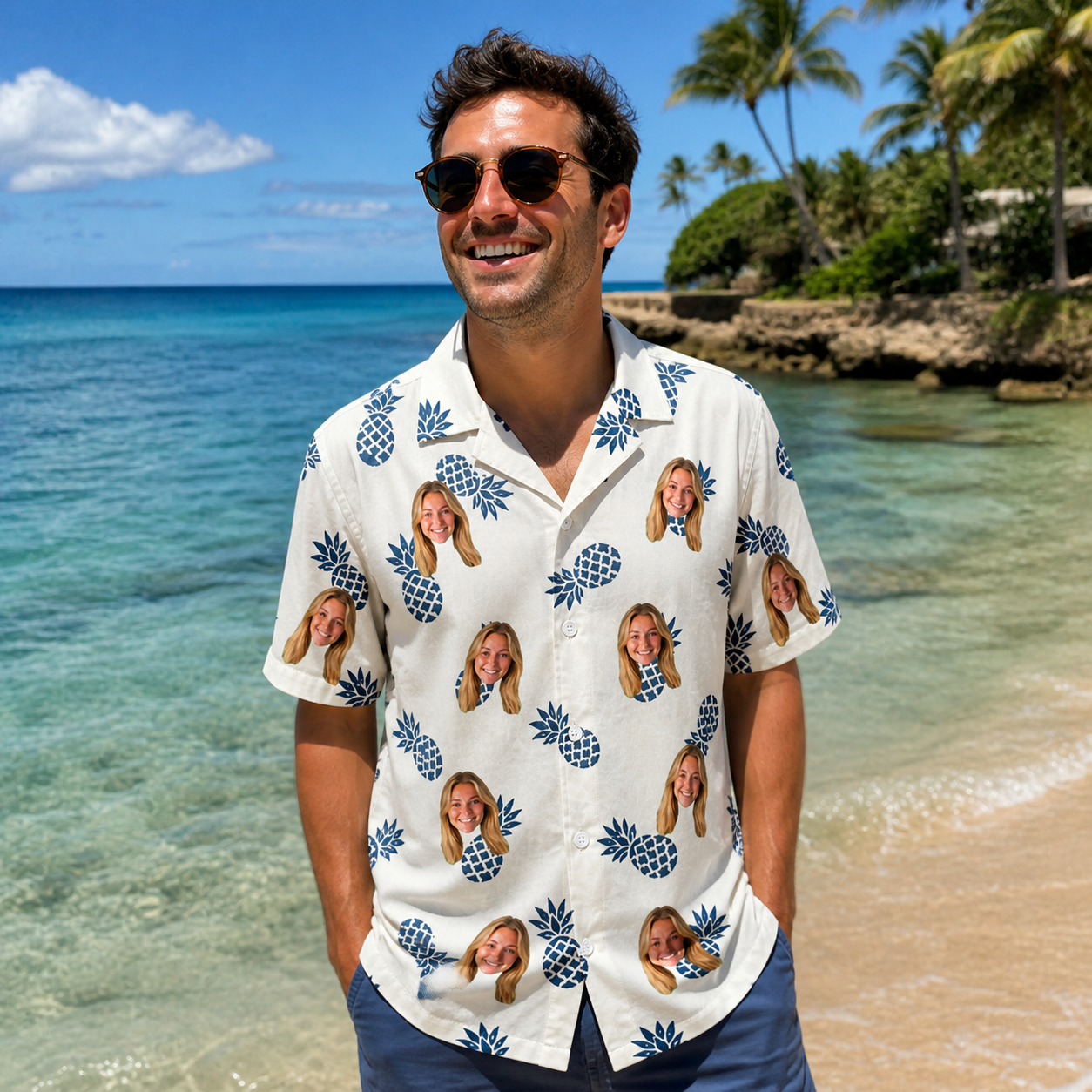 Real-life photo of someone wearing Men's Golden Getaway Custom Face Hawaiian Shirt — custom faces printed all-over