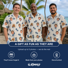 Friends in matching Men's Golden Getaway Custom Face Hawaiian Shirt — a group gift photo
