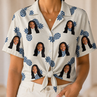 Woman wearing Women's Golden Getaway Custom Face Hawaiian Shirt tied at the waist