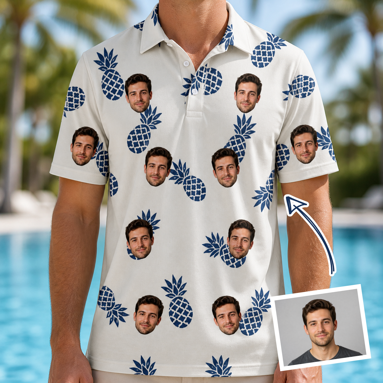 Man wearing Men's Golden Getaway Custom Face Polo Shirt — custom faces printed all-over