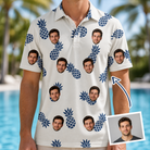 Man wearing Men's Golden Getaway Custom Face Polo Shirt — custom faces printed all-over