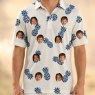 Model wearing Men's Golden Getaway Custom Face Polo Shirt printed with kids' faces