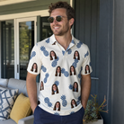 Real-life photo of someone wearing Men's Golden Getaway Custom Face Polo Shirt — custom faces printed all-over