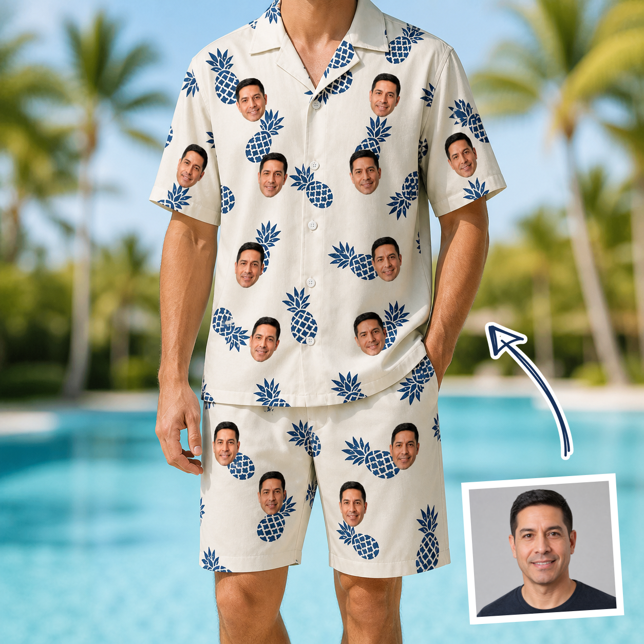 Man wearing Men's Golden Getaway Custom Face Shirt & Shorts Set — custom faces printed all-over
