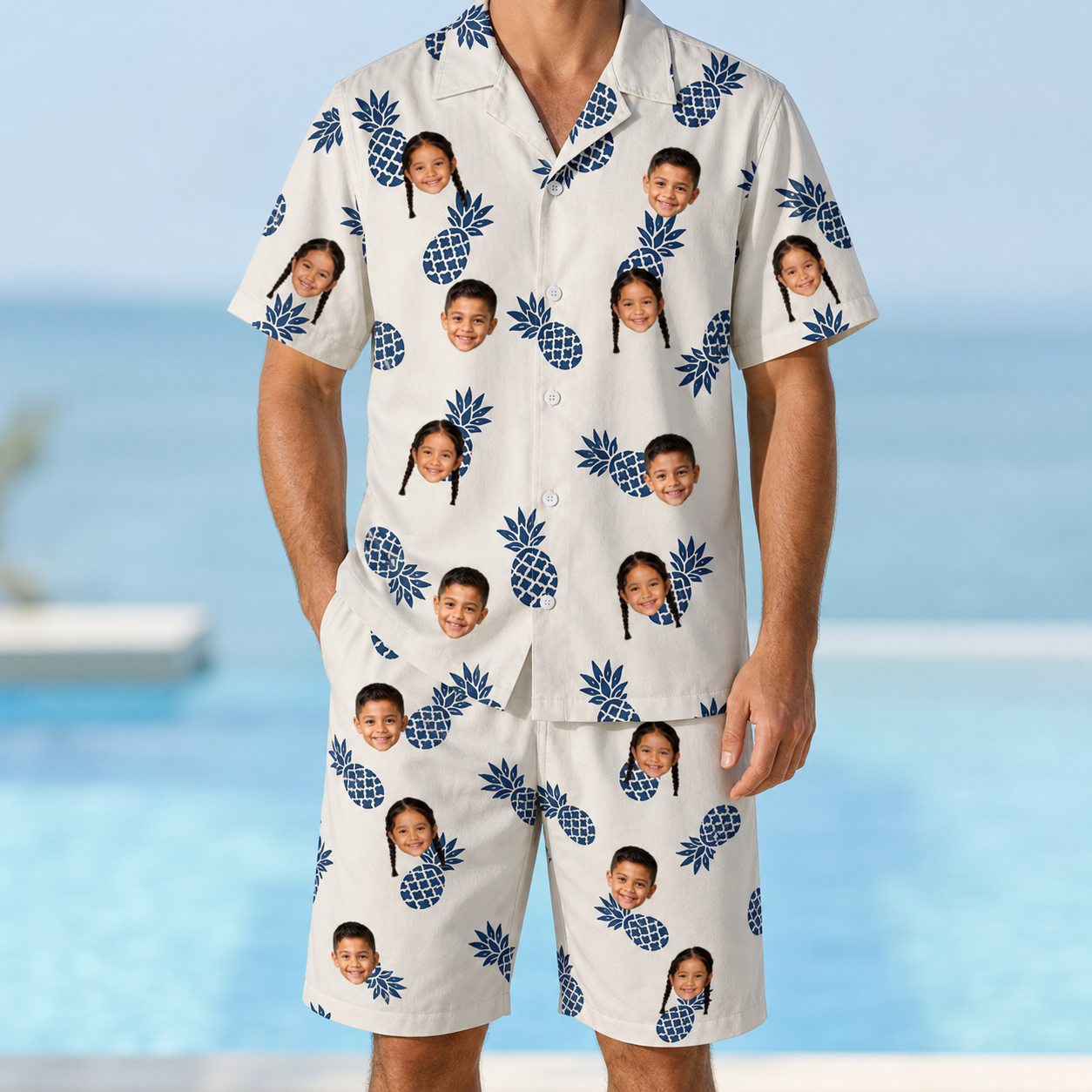 Model wearing Men's Golden Getaway Custom Face Shirt & Shorts Set printed with kids' faces