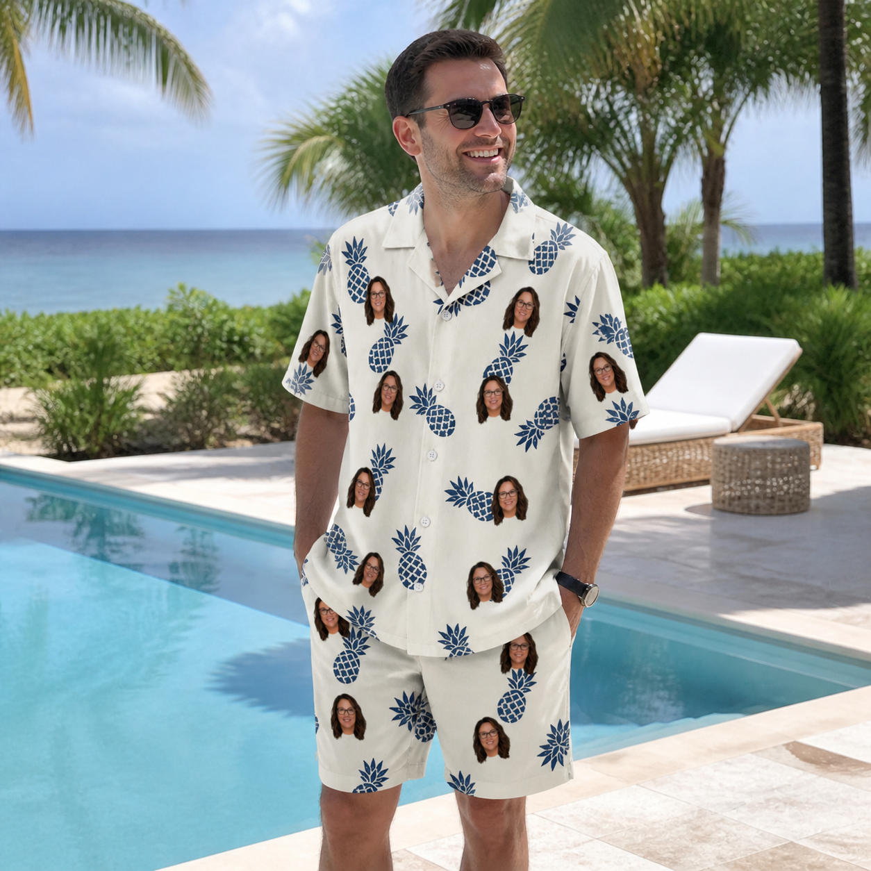 Real-life photo of someone wearing Men's Golden Getaway Custom Face Shirt & Shorts Set — custom faces printed all-over