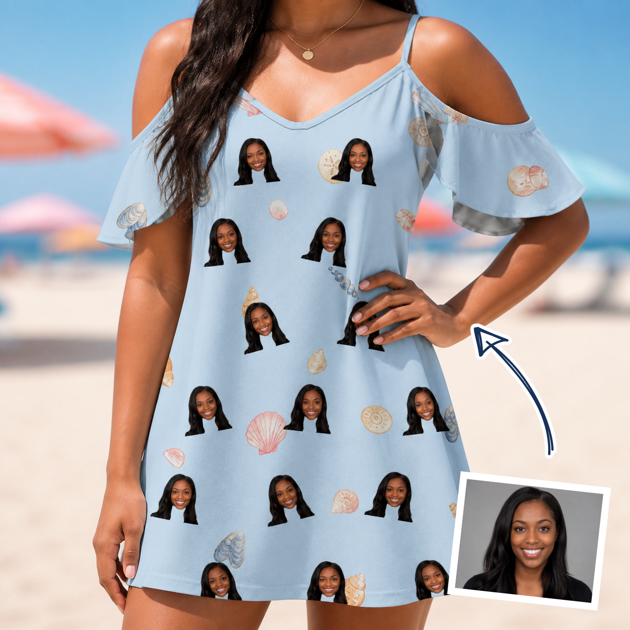 Woman wearing Women's Shell Yeah Custom Face Off-Shoulder Dress — custom faces printed all-over