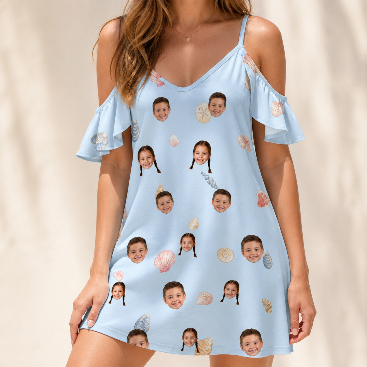Model wearing Women's Shell Yeah Custom Face Off-Shoulder Dress printed with kids' faces