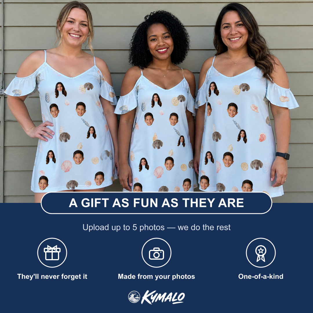 Friends in matching Women's Shell Yeah Custom Face Off-Shoulder Dress — a group gift photo