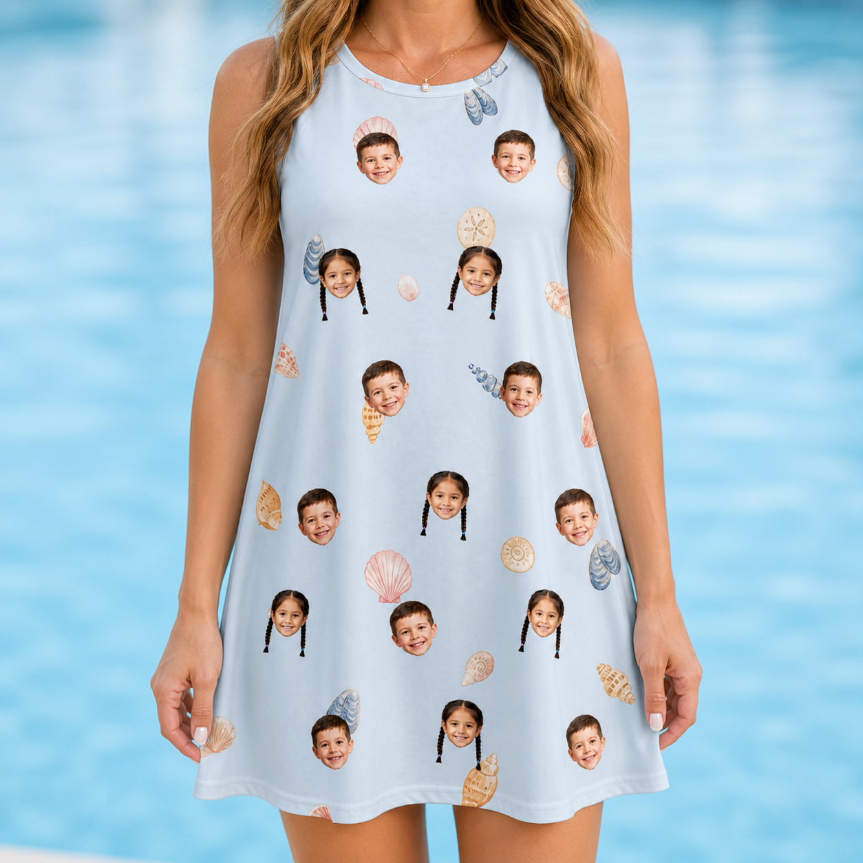 Model wearing Women's Shell Yeah Custom Face Tank Dress printed with kids' faces