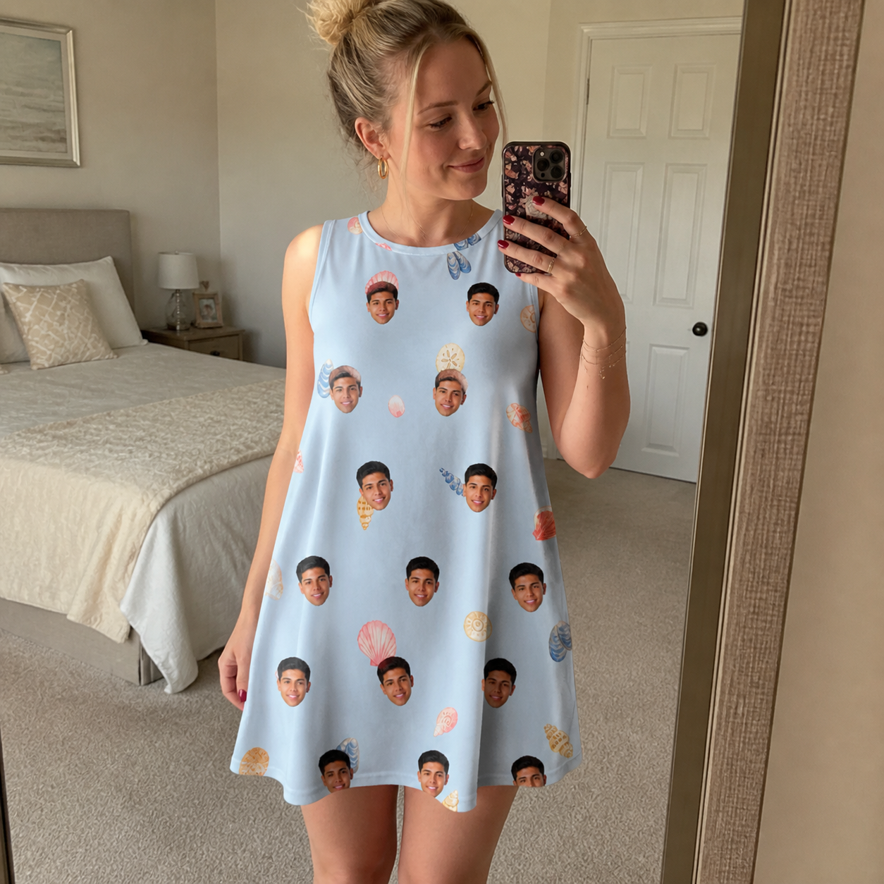 Real-life photo of someone wearing Women's Shell Yeah Custom Face Tank Dress — custom faces printed all-over