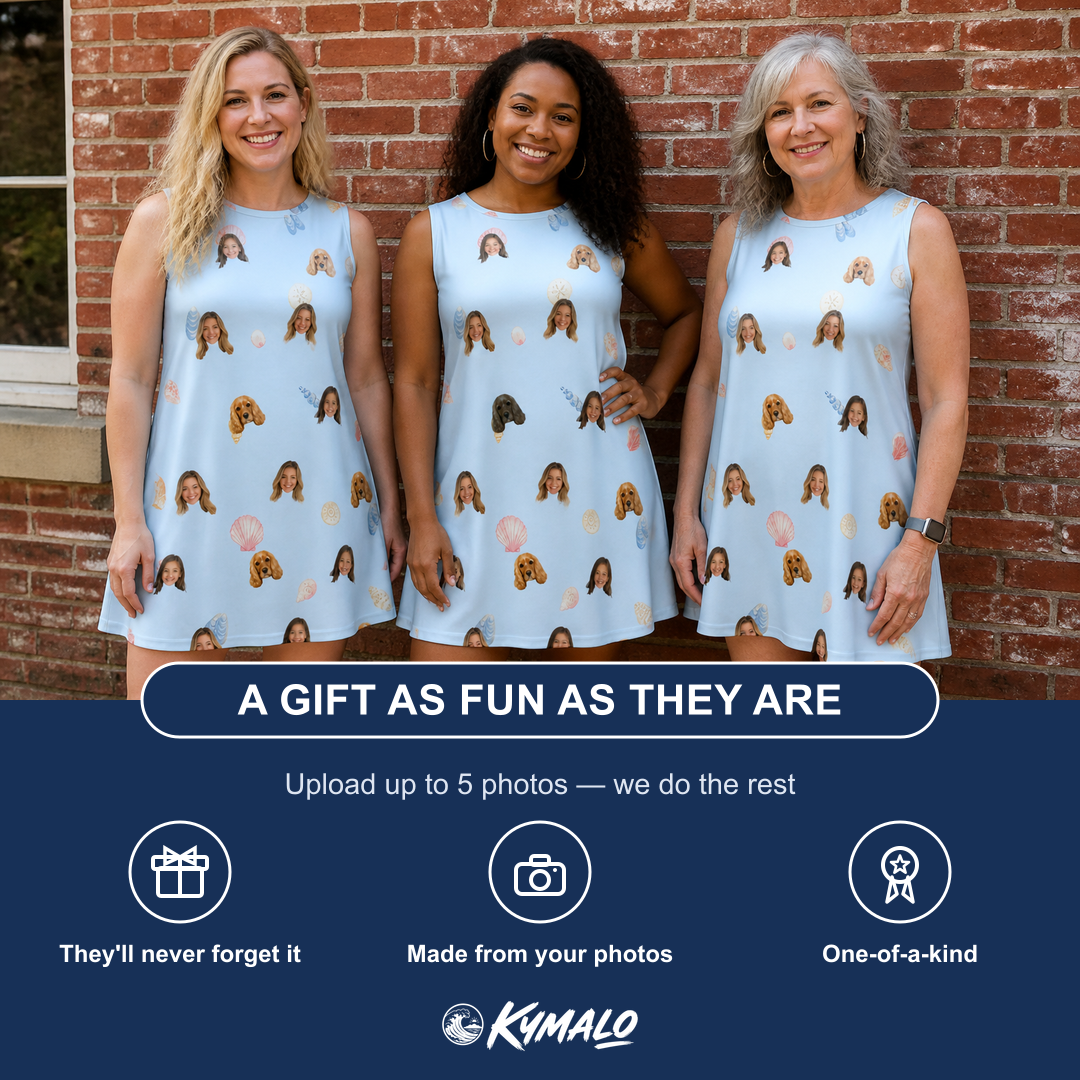 Friends in matching Women's Shell Yeah Custom Face Tank Dress — a group gift photo