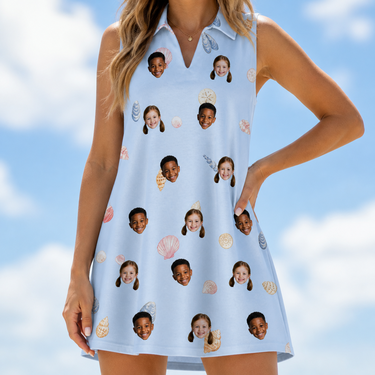 Model wearing Women's Shell Yeah Custom Face V-Neck Dress printed with kids' faces