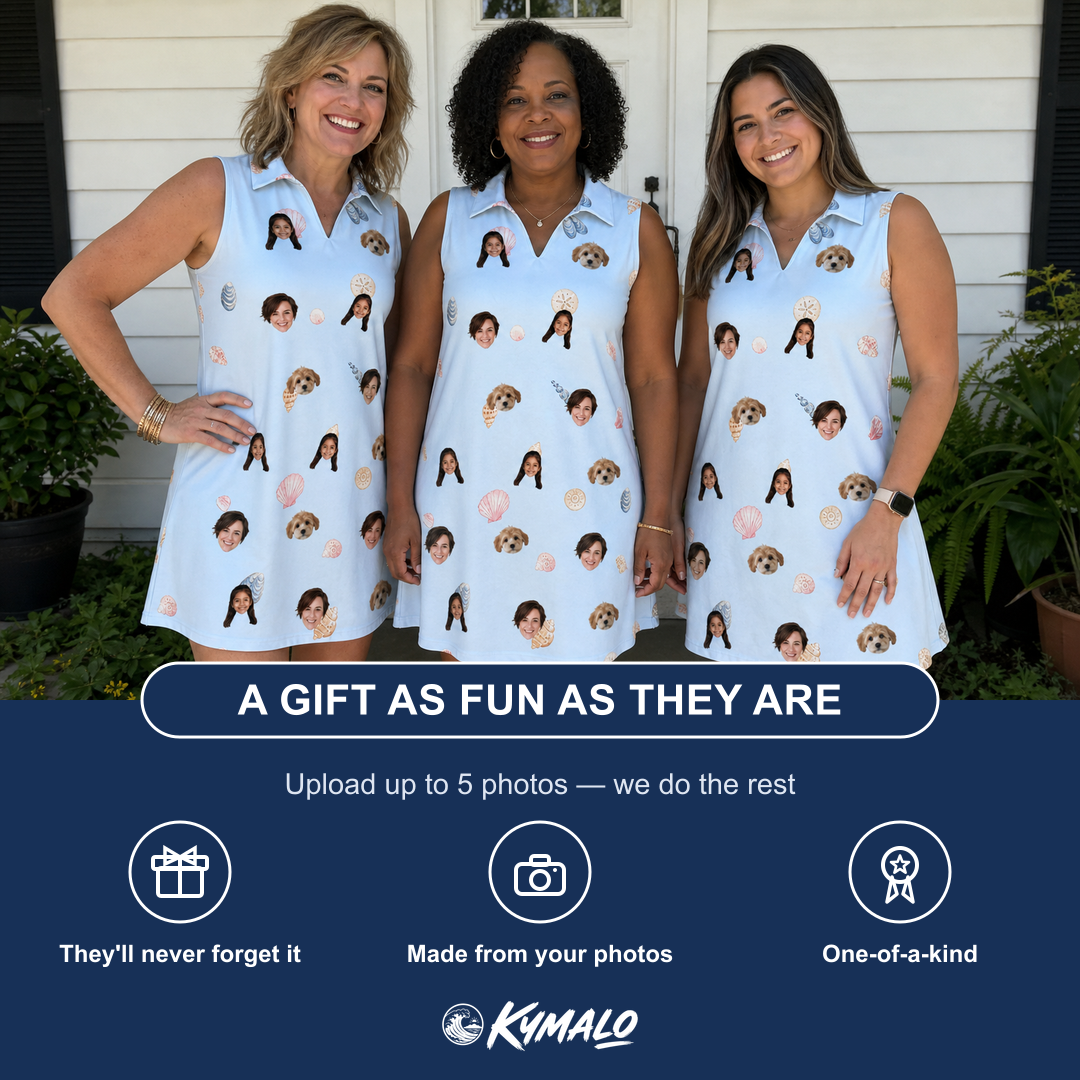 Friends in matching Women's Shell Yeah Custom Face V-Neck Dress — a group gift photo