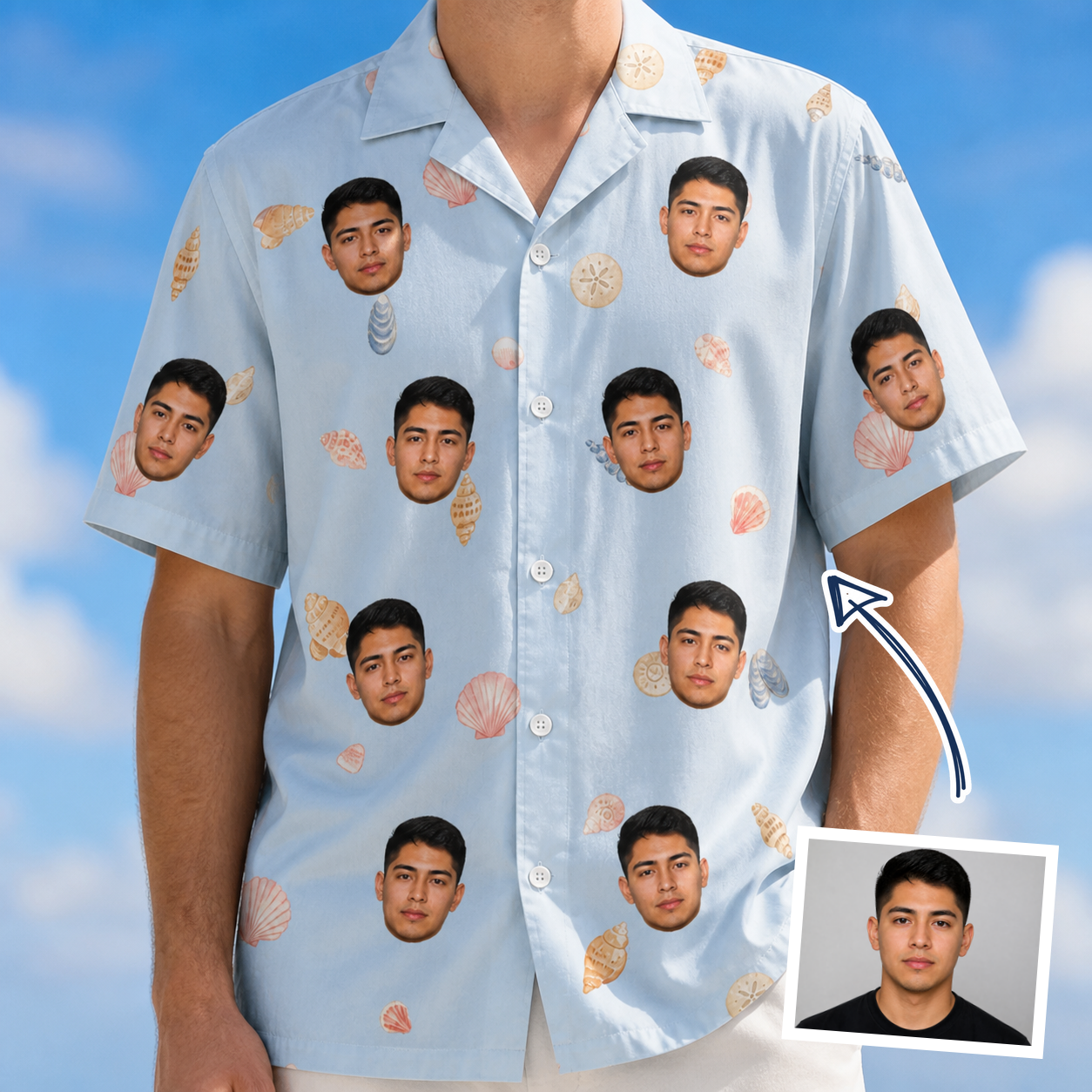 Man wearing Men's Shell Yeah Custom Face Hawaiian Shirt — custom faces printed all-over