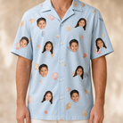 Model wearing Men's Shell Yeah Custom Face Hawaiian Shirt printed with kids' faces