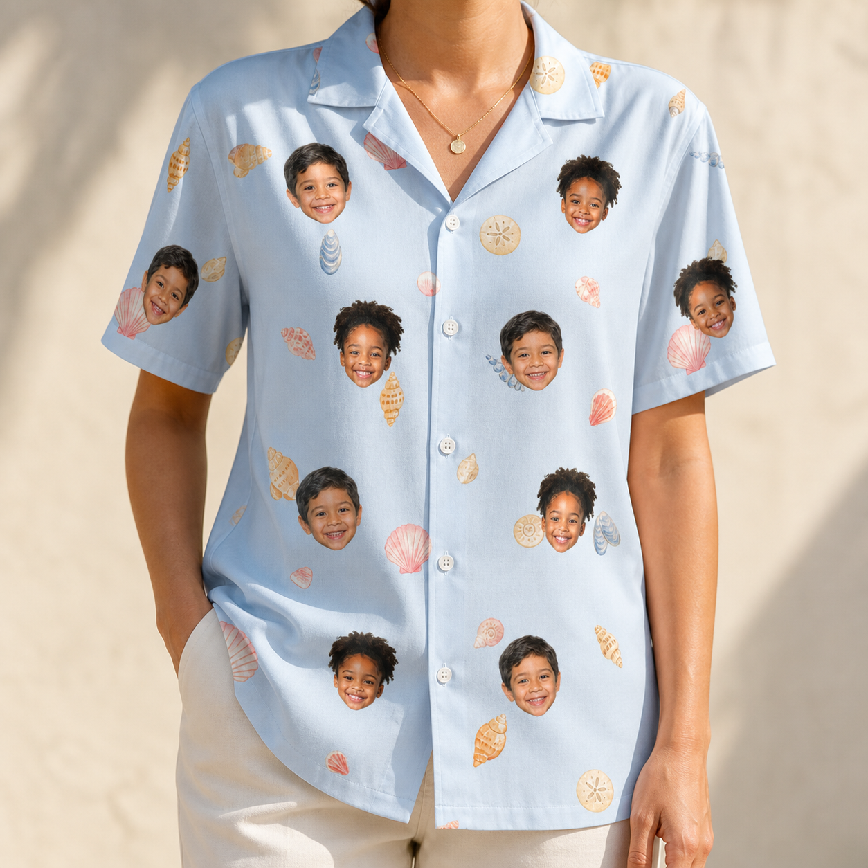 Model wearing Women's Shell Yeah Custom Face Hawaiian Shirt printed with kids' faces
