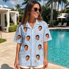 Real-life photo of someone wearing Women's Shell Yeah Custom Face Hawaiian Shirt — custom faces printed all-over